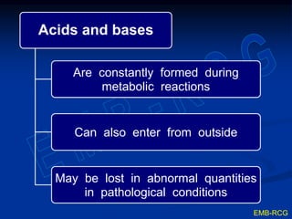 Acids and bases
Are constantly formed during
metabolic reactions
Can also enter from outside
May be lost in abnormal quantities
in pathological conditions
EMB-RCG
 