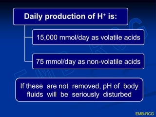 Daily production of H+ is:
15,000 mmol/day as volatile acids
75 mmol/day as non-volatile acids
EMB-RCG
If these are not removed, pH of body
fluids will be seriously disturbed
 