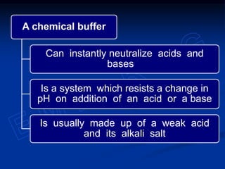 A chemical buffer
Can instantly neutralize acids and
bases
Is a system which resists a change in
pH on addition of an acid or a base
Is usually made up of a weak acid
and its alkali salt
 