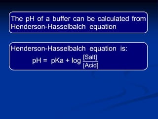 The pH of a buffer can be calculated from
Henderson-Hasselbalch equation
Henderson-Hasselbalch equation is:
pH = pKa + log
[Salt]
[Acid]
 