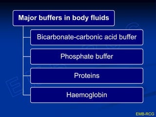 Major buffers in body fluids
Bicarbonate-carbonic acid buffer
Phosphate buffer
Proteins
Haemoglobin
EMB-RCG
 