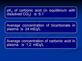 pKa of carbonic acid (in equilibrium with
dissolved CO2) is 6.1
Average concentration of bicarbonate in
plasma is 24 mEq/L
Average concentration of carbonic acid in
plasma is 1.2 mEq/L
 