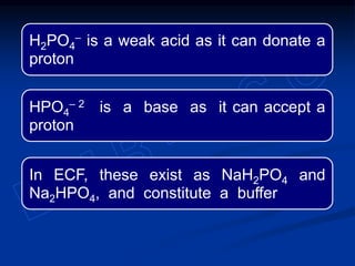 H2PO4
– is a weak acid as it can donate a
proton
HPO4
– 2 is a base as it can accept a
proton
In ECF, these exist as NaH2PO4 and
Na2HPO4, and constitute a buffer
 