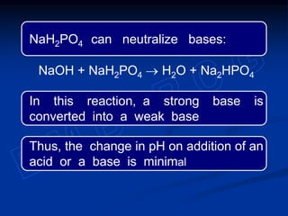 NaOH + NaH2PO4  H2O + Na2HPO4
Thus, the change in pH on addition of an
acid or a base is minimal
In this reaction, a strong base is
converted into a weak base
NaH2PO4 can neutralize bases:
 