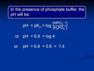 In the presence of phosphate buffer, the
pH will be:
pH = pKa + log
or pH = 6.8 + log 4
or pH = 6.8 + 0.6 = 7.4
[HPO4
– 2 ]
[H2PO4
–]
 