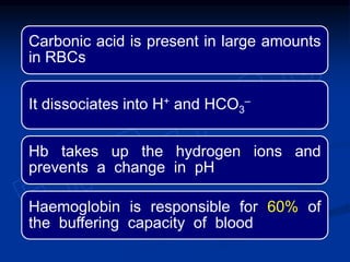 Carbonic acid is present in large amounts
in RBCs
It dissociates into H+ and HCO3
‒
Hb takes up the hydrogen ions and
prevents a change in pH
Haemoglobin is responsible for 60% of
the buffering capacity of blood
 