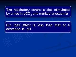 The respiratory centre is also stimulated
by a rise in pCO2 and marked anoxaemia
But their effect is less than that of a
decrease in pH
 
