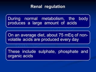 During normal metabolism, the body
produces a large amount of acids
On an average diet, about 75 mEq of non-
volatile acids are produced every day
These include sulphate, phosphate and
organic acids
Renal regulation
 