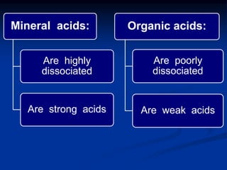 Mineral acids:
Are highly
dissociated
Are strong acids
Organic acids:
Are poorly
dissociated
Are weak acids
 