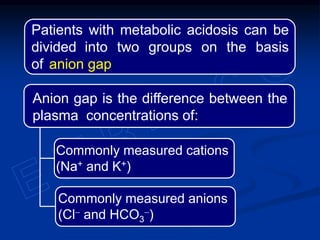 Patients with metabolic acidosis can be
divided into two groups on the basis
of anion gap
Commonly measured anions
(Cl- and HCO3
-)
Commonly measured cations
(Na+ and K+)
Anion gap is the difference between the
plasma concentrations of:
 