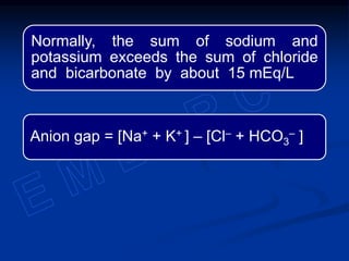 Normally, the sum of sodium and
potassium exceeds the sum of chloride
and bicarbonate by about 15 mEq/L
Anion gap = [Na+ + K+ ] – [Cl– + HCO3
– ]
 