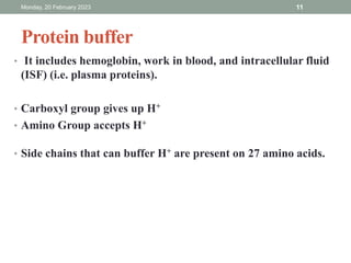 Protein buffer
• It includes hemoglobin, work in blood, and intracellular fluid
(ISF) (i.e. plasma proteins).
• Carboxyl group gives up H+
• Amino Group accepts H+
• Side chains that can buffer H+ are present on 27 amino acids.
Monday, 20 February 2023 11
 