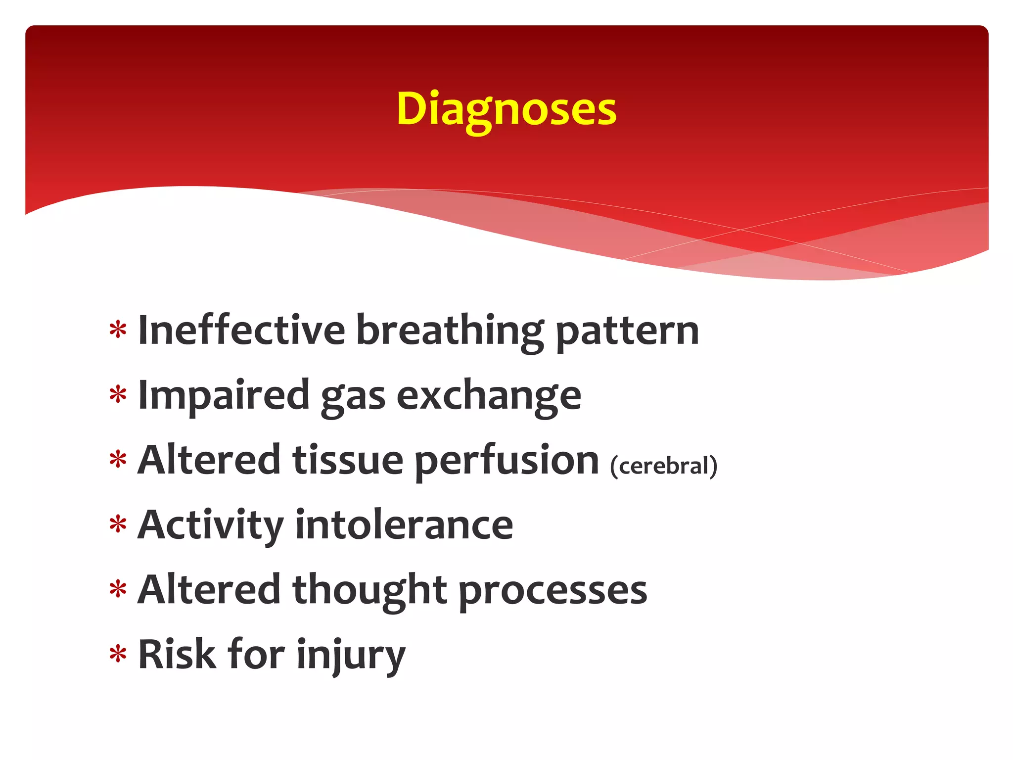  Ineffective breathing pattern
 Impaired gas exchange
 Altered tissue perfusion (cerebral)
 Activity intolerance
 Altered thought processes
 Risk for injury
Diagnoses
 