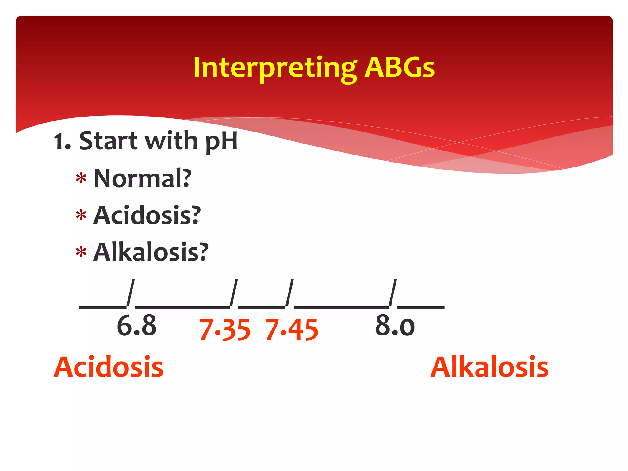 1. Start with pH
 Normal?
 Acidosis?
 Alkalosis?
___/______/___/______/___
6.8 7.35 7.45 8.0
Acidosis Alkalosis
Interpreting ABGs
 