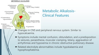 Metabolic Alkalosis-
Clinical Features
 Changes in CNS and peripheral nervous system. Similar to
hypocalcaemia.
 Symptoms include mental confusion, obtundation, and a predisposition
to seizures, paraesthesia, muscular cramping, tetany, aggravation of
arrhythmias and hypoxemia in chronic obstructive pulmonary disease.
 Related electrolyte abnormalities include hypokalaemia and
hypophosphatemia.
15
 