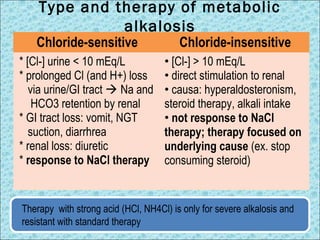 Type and therapy of metabolic 
alkalosis 
Chloride-sensitive Chloride-insensitive 
* [Cl-] urine < 10 mEq/L 
* prolonged Cl (and H+) loss 
via urine/GI tract  Na and 
HCO3 retention by renal 
* GI tract loss: vomit, NGT 
suction, diarrhrea 
* renal loss: diuretic 
* response to NaCl therapy 
• [Cl-] > 10 mEq/L 
• direct stimulation to renal 
• causa: hyperaldosteronism, 
steroid therapy, alkali intake 
• not response to NaCl 
therapy; therapy focused on 
underlying cause (ex. stop 
consuming steroid) 
Therapy with strong acid (HCl, NH4Cl) is only for severe alkalosis and 
resistant with standard therapy 
 