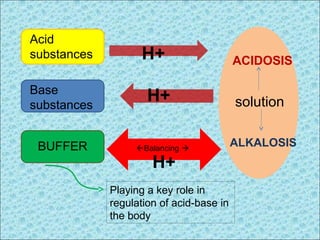 Acid 
substances 
Base 
substances 
solution 
BUFFER 
H+ 
H+ 
Balancing  
H+ 
Playing a key role in 
regulation of acid-base in 
the body 
ACIDOSIS 
ALKALOSIS 
 