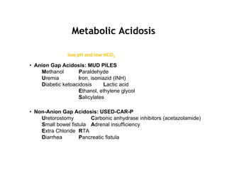 Metabolic Acidosis
low pH and low HCO3
• Anion Gap Acidosis: MUD PILES
Methanol Paraldehyde
Uremia Iron, isoniazid (INH)
Diabetic ketoacidosis Lactic acid
Ethanol, ethylene glycol
Salicylates
• Non-Anion Gap Acidosis: USED-CAR-P
Uretorostomy Carbonic anhydrase inhibitors (acetazolamide)
Small bowel fistula Adrenal insufficiency
Extra Chloride RTA
Diarrhea Pancreatic fistula
 