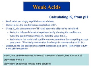 Calculating Ka from pH
• Weak acids are simply equilibrium calculations.
• The pH gives the equilibrium concentration of H+.
• Using Ka, the concentration of H+ (and hence the pH) can be calculated.
– Write the balanced chemical equation clearly showing the equilibrium.
– Write the equilibrium expression. Find the value for Ka.
– Write down the initial and equilibrium concentrations for everything except
pure water. We usually assume that the change in concentration of H+ is x.
• Substitute into the equilibrium constant expression and solve. Remember to turn
x into pH if necessary.
Weak Acids
Niacin, one of the B-vitamins, is a 0.020 M solution of niacin, has a pH of 3.26 .
(a) What is the Ka ?
(b) What % of acid was ionized in the solution?
 
