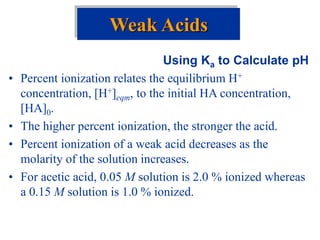 Using Ka to Calculate pH
• Percent ionization relates the equilibrium H+
concentration, [H+]eqm, to the initial HA concentration,
[HA]0.
• The higher percent ionization, the stronger the acid.
• Percent ionization of a weak acid decreases as the
molarity of the solution increases.
• For acetic acid, 0.05 M solution is 2.0 % ionized whereas
a 0.15 M solution is 1.0 % ionized.
Weak Acids
 