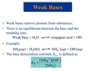 • Weak bases remove protons from substances.
• There is an equilibrium between the base and the
resulting ions:
• Example:
• The base dissociation constant, Kb , is defined as
Weak Bases
Weak base + H2O conjugate acid + OH-
NH3(aq) + H2O(l) NH4
+(aq) + OH-(aq)
]
NH
[
]
OH
][
NH
[
3
-
4


b
K
 