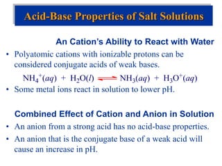 An Cation’s Ability to React with Water
• Polyatomic cations with ionizable protons can be
considered conjugate acids of weak bases.
• Some metal ions react in solution to lower pH.
Combined Effect of Cation and Anion in Solution
• An anion from a strong acid has no acid-base properties.
• An anion that is the conjugate base of a weak acid will
cause an increase in pH.
Acid-Base Properties of Salt Solutions
NH4
+(aq) + H2O(l) NH3(aq) + H3O+(aq)
 