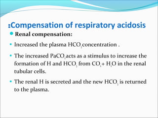 Compensation of respiratory acidosis:
Renal compensation:
 Increased the plasma HCO3concentration .
 The increased PaCO2acts as a stimulus to increase the
formation of H and HCO3 from CO2+ H2O in the renal
tubular cells.
 The renal H is secreted and the new HCO3 is returned
to the plasma.
 