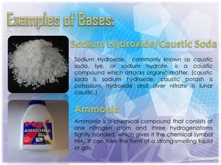 Sodium Hydroxide, commonly known as caustic
soda, lye, or sodium hydrate, is a caustic
compound which attacks organic matter. (caustic
soda is sodium hydroxide, caustic potash is
potassium hydroxide and silver nitrate is lunar
caustic.)
Ammonia is a chemical compound that consists of
one nitrogen atom and three hydrogenatoms
tightly bonded, which gives it the chemical symbol
NH3. It can take the form of a strong-smelling liquid
or gas.
 
