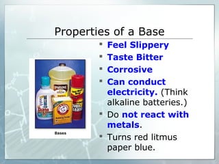 Properties of a Base
 Feel Slippery
 Taste Bitter
 Corrosive
 Can conduct
electricity. (Think
alkaline batteries.)
 Do not react with
metals.
 Turns red litmus
paper blue.
 