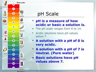 pH Scale
 pH is a measure of how
acidic or basic a solution is.
• The pH scale ranges from 0 to 14.
 Acidic solutions have pH values
below 7
 A solution with a pH of 0 is
very acidic.
 A solution with a pH of 7 is
neutral. (Pure water)
• Basic solutions have pH
values above 7.
 