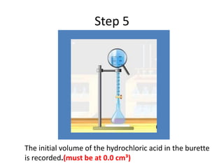 Step 5
The initial volume of the hydrochloric acid in the burette
is recorded.(must be at 0.0 cm³)
 