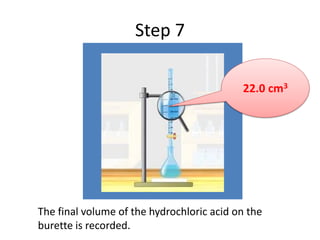 Step 7
The final volume of the hydrochloric acid on the
burette is recorded.
22.0 cm3
 