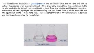 The undissociated molecules of phenolphthalein are colourless while the Ph- ions are pink in
colour. In presence of an acid, ionisation of HPh is practically negligible as the equilibrium shifts
to left hand side due to high concentration of H+ ions. Thus, the solution would remain colourless.
On addition of alkali, hydrogen ions are removed by OH- ions in the form of water molecules and
the equilibrium shifts to right hand side. Thus, the concentration of Ph- ions increases in solution
and they impart pink colour to the solution.
 