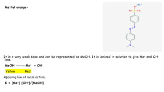 Methyl orange-
It is a very weak base and can be represented as MeOH. It is ionized in solution to give Me+ and OH-
ions.
MeOH Me+ + OH-
Yellow Red
Applying law of mass action,
K = [Me+] [OH-]/[MeOH]
 