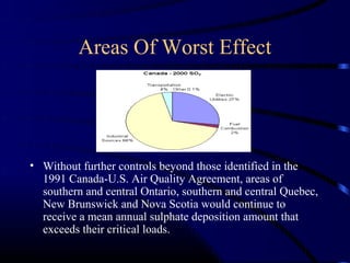 Areas Of Worst Effect




• Without further controls beyond those identified in the
  1991 Canada-U.S. Air Quality Agreement, areas of
  southern and central Ontario, southern and central Quebec,
  New Brunswick and Nova Scotia would continue to
  receive a mean annual sulphate deposition amount that
  exceeds their critical loads.
 