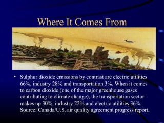 Where It Comes From




• Sulphur dioxide emissions by contrast are electric utilities
  66%, industry 28% and transportation 3%. When it comes
  to carbon dioxide (one of the major greenhouse gases
  contributing to climate change), the transportation sector
  makes up 30%, industry 22% and electric utilities 36%.
  Source: Canada/U.S. air quality agreement progress report.
 