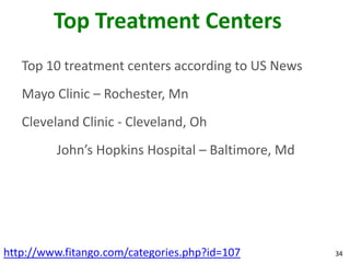 Top Treatment Centers
   Top 10 treatment centers according to US News
   Mayo Clinic – Rochester, Mn
   Cleveland Clinic - Cleveland, Oh
         John’s Hopkins Hospital – Baltimore, Md




http://www.fitango.com/categories.php?id=107       34
 