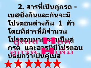 2.  สารที่เป็นคู่กรด  -  เบสซึ่งกันและกันจะมีโปรตอนต่างกัน  1  ตัว  โดยที่สารที่มีจำนวนโปรตอนมากกว่าเป็นคู่กรด  และสารที่มีโปรตอนน้อยกว่าเป็นคู่เบส 