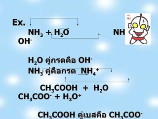 Ex.   NH 3  + H 2 O  NH 4 +   +  OH - H 2 O  คู่กรดคือ  OH - NH 3   คู่คือกรด  NH 4 +   CH 3 COOH  +  H 2 O  CH 3 COO -  + H 3 O +   CH 3 COOH  คู่เบสคือ  CH 3 COO -   H 2 O  คู่กรดคือ  H 3 O + 