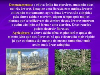 Desmatamentos: a chuva ácida faz clareiras, matando duas 
 ou três árvores. Imagine uma floresta com muitas árvores 
 utilizando mutuamente, agora duas árvores são atingidas 
    pela chuva ácida e morrem, algum tempo após muitas 
plantas que se utilizavam da sombra destas árvores morrem 
   e assim vão indo até formar uma clareira. Essas reações 
                   podem destruir florestas
    Agricultura: a chuva ácida afeta as plantações quase do 
mesmo jeito que das florestas, só que é destruída mais rápido 
   já que as plantas são mesmo do mesmo tamanho, tendo 
                  assim mais áreas atingidas
 
