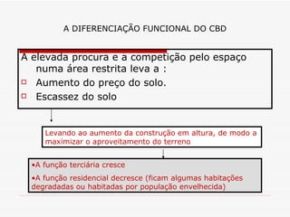 A DIFERENCIAÇÃO FUNCIONAL DO CBD


A elevada procura e a competição pelo espaço
   numa área restrita leva a :
 Aumento do preço do solo.

 Escassez do solo




     Levando ao aumento da construção em altura, de modo a
     maximizar o aproveitamento do terreno


  •A função terciária cresce
  •A função residencial decresce (ficam algumas habitações
  degradadas ou habitadas por população envelhecida)
 