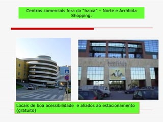 Centros comerciais fora da “baixa” – Norte e Arrábida
                         Shopping.




Locais de boa acessibilidade e aliados ao estacionamento
(gratuito)
 