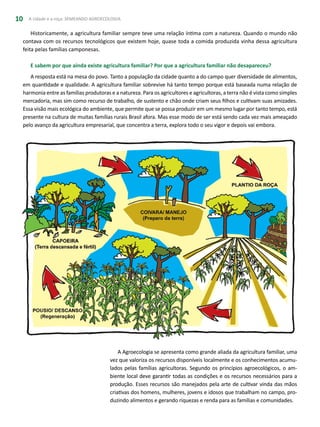A cidade e a roça: SEMEANDO AGROECOLOGIA10
Historicamente, a agricultura familiar sempre teve uma relação íntima com a natureza. Quando o mundo não
contava com os recursos tecnológicos que existem hoje, quase toda a comida produzida vinha dessa agricultura
feita pelas famílias camponesas.
E sabem por que ainda existe agricultura familiar? Por que a agricultura familiar não desapareceu?
A resposta está na mesa do povo. Tanto a população da cidade quanto a do campo quer diversidade de alimentos,
em quantidade e qualidade. A agricultura familiar sobrevive há tanto tempo porque está baseada numa relação de
harmonia entre as famílias produtoras e a natureza. Para os agricultores e agricultoras, a terra não é vista como simples
mercadoria, mas sim como recurso de trabalho, de sustento e chão onde criam seus filhos e cultivam suas amizades.
Essa visão mais ecológica do ambiente, que permite que se possa produzir em um mesmo lugar por tanto tempo, está
presente na cultura de muitas famílias rurais Brasil afora. Mas esse modo de ser está sendo cada vez mais ameaçado
pelo avanço da agricultura empresarial, que concentra a terra, explora todo o seu vigor e depois vai embora.
A Agroecologia se apresenta como grande aliada da agricultura familiar, uma
vez que valoriza os recursos disponíveis localmente e os conhecimentos acumu-
lados pelas famílias agricultoras. Segundo os princípios agroecológicos, o am-
biente local deve garantir todas as condições e os recursos necessários para a
produção. Esses recursos são manejados pela arte de cultivar vinda das mãos
criativas dos homens, mulheres, jovens e idosos que trabalham no campo, pro-
duzindo alimentos e gerando riquezas e renda para as famílias e comunidades.
 