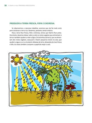 A cidade e a roça: SEMEANDO AGROECOLOGIA16
Produzir a terra fresca, fofa e cheirosa:
Se observarmos a natureza trabalhar, veremos que ela faz tudo certo
para conservar a terra rica. Devemos, portanto, tentar imitá-la.
Para a terra ficar fresca, fofa e cheirosa, temos que fazê-la ficar preta.
Para tanto, devemos deixar sobre o solo os restos vegetais que alimentam a
terra e também ajudam a reter a água. Os bichinhos da terra, que se alimen-
tam dos restos vegetais, cavoucam e fazem pequenos túneis no solo, que
ajudam a água e o ar a circularem debaixo da terra, deixando ela mais fresca
e fofa. As raízes também cumprem o papel de arejar o solo.
 