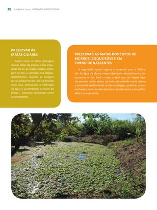 A cidade e a roça: SEMEANDO AGROECOLOGIA20
Preservar as
matas ciliares
Assim como os cílios protegem
nossos olhos da poeira e das impu-
rezas do ar, as matas ciliares prote-
gem os rios e córregos dos desbar-
rancamentos. Quando as margens
do rio desbarrancam, ele vai ficando
mais raso, diminuindo a infiltração
da água e aumentando os riscos de
cheias – processo conhecido como
assoreamento.
Preservar as matas dos topos de
morros, boqueirões e em
torno de nascentes
A vegetação nesses lugares é essencial para a infiltra-
ção da água da chuva, responsável pelo abastecimento das
nascentes e rios. Sem a mata, a água que cai nesses luga-
res penetra muito pouco no solo, escorrendo morro abaixo
e enchendo rapidamente os rios e córregos, podendo causar
enchentes, além de não abastecer devidamente o lençol fre-
ático e as nascentes.
 