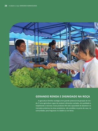 A cidade e a roça: SEMEANDO AGROECOLOGIA28
Gerando renda e dignidade na roça
A agricultura familiar ecológica tem grande potencial de geração de ren-
da. É uma agricultura capaz de produzir alimentos variados, de qualidade e
respeitando a natureza. Esses produtos têm alta capacidade de abastecer os
mercados próximos às áreas produtoras: são vendidos na porta de casa, na
comunidade, para fregueses na cidade ou nas feiras.
A cidade e a roça: SEMEANDO AGROECOLOGIA28
 