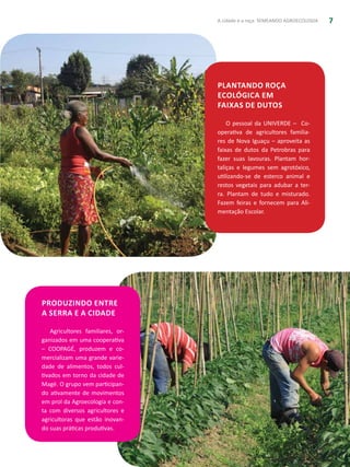 A cidade e a roça: SEMEANDO AGROECOLOGIA 7
Plantando roça
ecológica em
faixas de dutos
O pessoal da UNIVERDE – Co-
operativa de agricultores familia-
res de Nova Iguaçu – aproveita as
faixas de dutos da Petrobras para
fazer suas lavouras. Plantam hor-
taliças e legumes sem agrotóxico,
utilizando-se de esterco animal e
restos vegetais para adubar a ter-
ra. Plantam de tudo e misturado.
­Fazem feiras e fornecem para Ali-
mentação Escolar.
Produzindo entre
a serra e a cidade
Agricultores familiares, or-
ganizados em uma cooperativa
– COOPAGÉ, produzem e co-
mercializam uma grande varie-
dade de alimentos, todos cul-
tivados em torno da cidade de
Magé. O grupo vem participan-
do ativamente de movimentos
em prol da Agroecologia e con-
ta com diversos agricultores e
agricultoras que estão inovan-
do suas práticas produtivas.
 