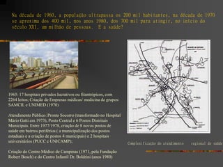 Na década de 1960, a população ultrapassa os 200 mil habitantes, na década de 1970
 se aproxima dos 400 mil, nos anos 1980, dos 700 mil para atingir, no início do
 século XXI, um milhão de pessoas. E a saúde?




1965: 17 hospitais privados lucrativos ou filantrópicos, com
2264 leitos; Criação de Empresas médicas/ medicina de grupos:
SAMCIL e UNIMED (1970)‫‏‬

Atendimento Público: Pronto Socorro (transformado no Hospital
Mário Gatti em 1973), Posto Central e 6 Postos Distritais
Municipais. Entre 1977/1978, criação de 8 novos postos de
saúde em bairros periférios ( a municipalização dos postos
estaduais e a criação de postos 4 municipais) e 2 hospitais
universitários (PUCC e UNICAMP);                                Complexificação do atendimento   regional de saúde

Criação do Centro Médico de Campinas (1971, pela Fundação
Robert Bosch) e do Centro Infantil Dr. Boldrini (anos 1980)‫‏‬
 