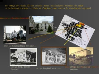 no começo do século XX são criadas novas instituições privadas de saúde
 reforçando/destacando a cidade de Campinas como centro de atendimento regional




                              Casa de Saúde



hospital beneficiência portuguesa




        antigo hosp. penido                                     antiga maternidade de
        burnier                     antigo hospital vera cruz   campinas
 