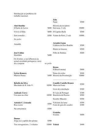 Introducção ao problema do
trabalho nacional.
Zola
Naná $500
Abel Botelho
O barão de Lavos $800
Historia da lavadeira
Gervasia, 2 vols 1$000
O livro d'Alda $800 O Capitão Burle $500
Sem remedio... $500 Ventre de Paris, 2 vols 1$000
No prélo:
Amanhã.
Arnaldo Gama
Caldeira de Pero Botelho $500
Honra ou loucura $500
José Caldas
Humildes $400
Filho do Baldaia $600
Os Jesuitas; a sua influencia na
actual sociedade portugueza; meio
de a conjurar no prélo
Bruno
O Brazil mental $800
Sylvio Romero
Martins Penna $400
Notas do exilio
Historia da Prostituição
$500
1$800
Rebello da Silva
Mocidade de D. João V. 1$500
Camillo Castello Branco
Maria da Fonte
$500
Livro de consolação $500
Andrade Corvo
Um anno na côrte 1$500
D. Luiz de Portugal
Brazileira de Prazins
$300
$500
Eusebio Macario $500
Antonio C. Louzada
Rua escura
$500
Volcoens da lama
Carta de guia de casados
$500
$300
Na consciencia $500
Grainha
Jesuitas $600
Dumas
Jorge ou o capitão dos piratas $500
Tres mosqueteiros, 2 volumes 1$000 Tolstoi $400
 